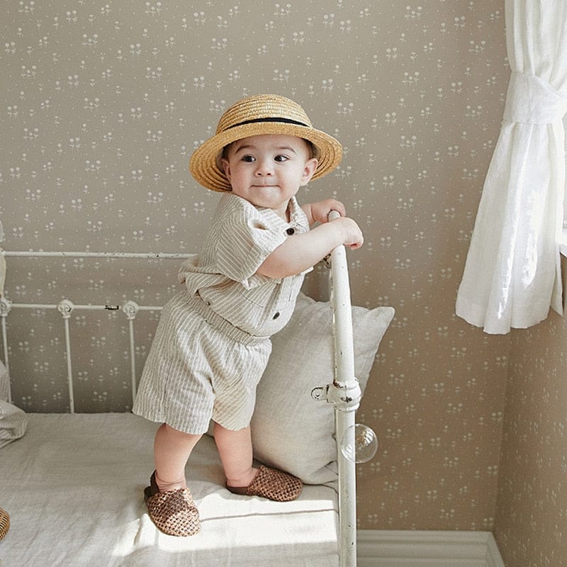 半袖セットアップ Stripe / 73cm ベビー キッズ サマー セットアップ ストライプ チェック 半袖 シャツ ブラウス ショートパンツ ベージュ ユニセックス【mh0001976】