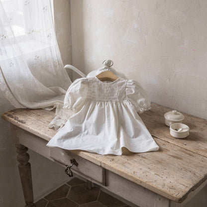 半袖ワンピース white dress / 9M/73cm ベビー キッズ フラワー 刺繍 レース 半袖 パフスリーブ ロンパース ワンピース ピンクホワイト リンク 姉妹 お揃い コーデ【mh0001952】