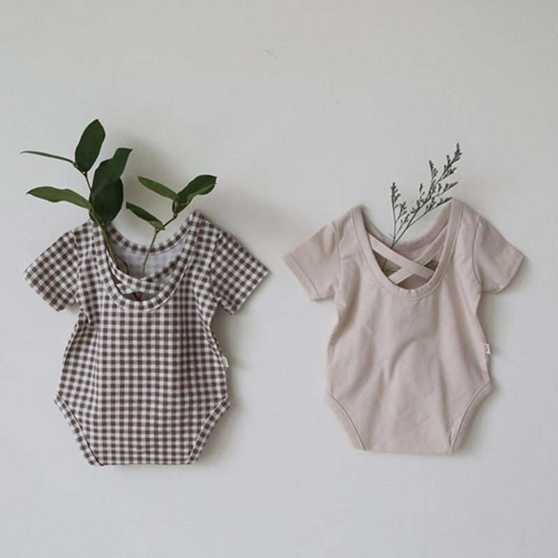 -ベビー ギンガム バッククロス ロンパース トップス - mamahalo shop - 半袖ロンパース -  べビー服 - 子供服 - 男の子 - 女の子