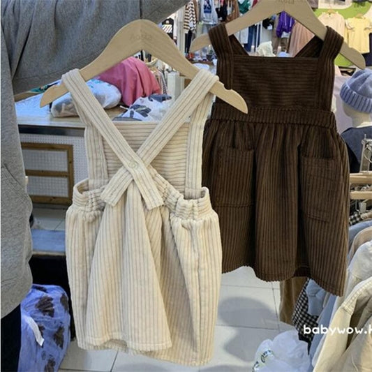 -キッズ コーデュロイ サスペンダー スカート エプロン ドレス【mh0000013】 - mamahalo shop - ノースリーブワンピース -  べビー服 - 子供服 - 男の子 - 女の子