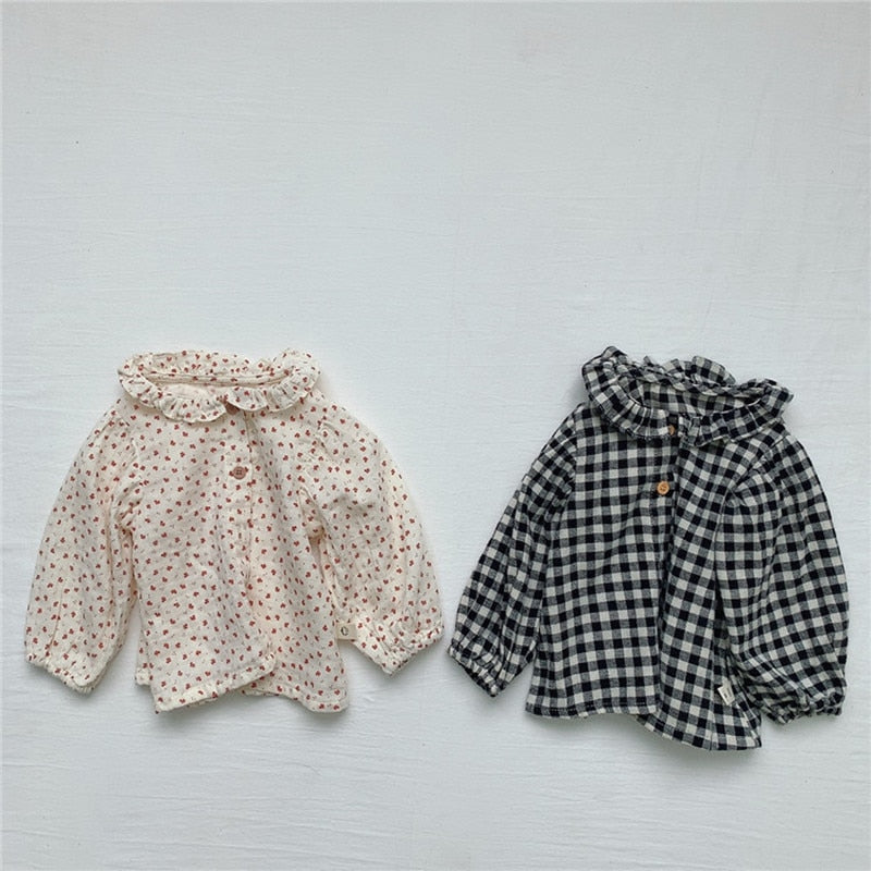 -ベビー フラワー チェック フリル 長袖 ブラウス トップス【mh0000030】 - mamahalo shop - 長袖シャツ・ブラウス -  べビー服 - 子供服 - 男の子 - 女の子