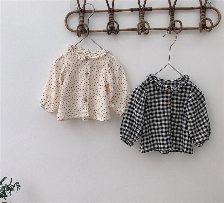 -ベビー フラワー チェック フリル 長袖 ブラウス トップス【mh0000030】 - mamahalo shop - 長袖シャツ・ブラウス -  べビー服 - 子供服 - 男の子 - 女の子
