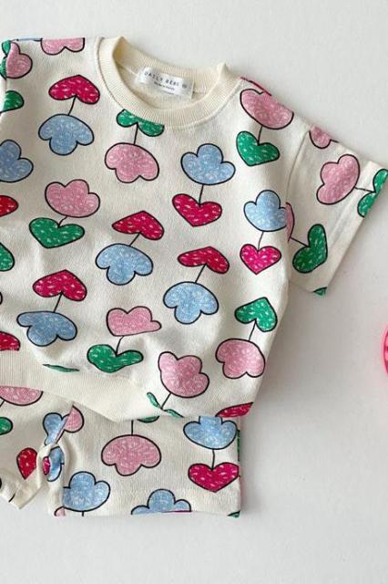 -ベビー キッズ セットアップ 半袖 Tシャツ ショート パンツ フラワー チーズ スマイル ハート ミーアキャット【mh0000687】 - mamahalo shop - 半袖セットアップ -  べビー服 - 子供服 - 男の子 - 女の子