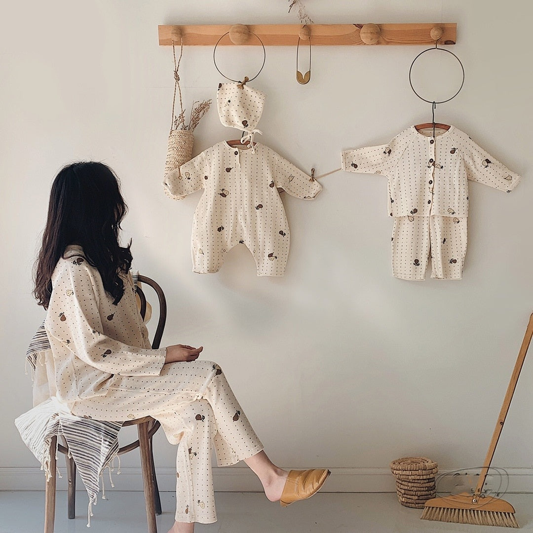 -ベビー 梨 ロンパース セットアップ パジャマ ママ お揃い リンクコーデ【mh0000094】 - mamahalo shop - 長袖パジャマ -  べビー服 - 子供服 - 男の子 - 女の子