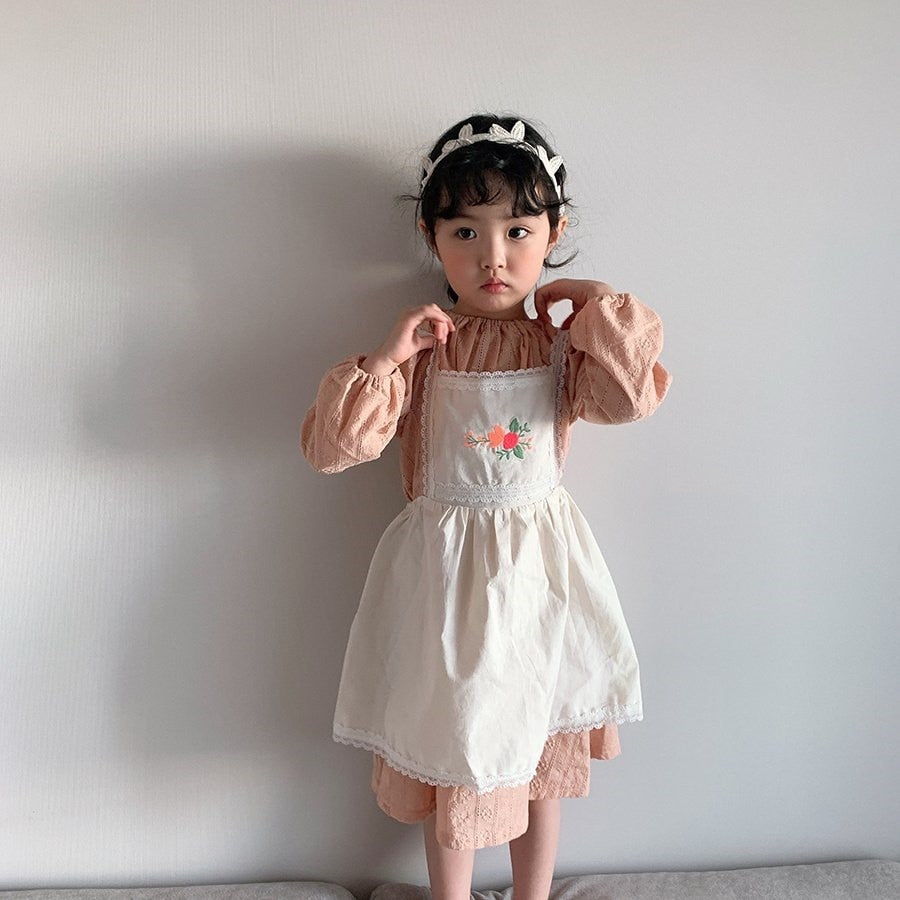 -ベビーキッズ フラワー 刺繍 エプロン ワンピース ロンパース【mh0000064】 - mamahalo shop - 長袖ロンパース -  べビー服 - 子供服 - 男の子 - 女の子