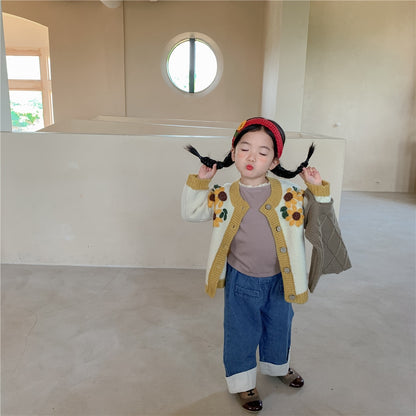 -キッズ ニット ひまわり カーディガン【mh0000124】 - mamahalo shop - カーディガン・パーカー -  べビー服 - 子供服 - 男の子 - 女の子