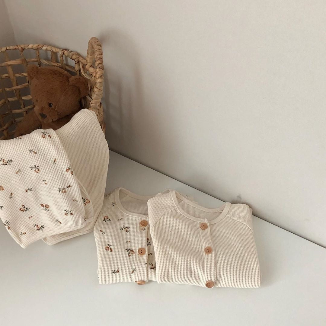 -キッズセットアップ 2点セット フラワー花柄プリント 無地 ワッフル 長袖パジャマセット【mh0000156】 - mamahalo shop - 長袖パジャマ -  べビー服 - 子供服 - 男の子 - 女の子