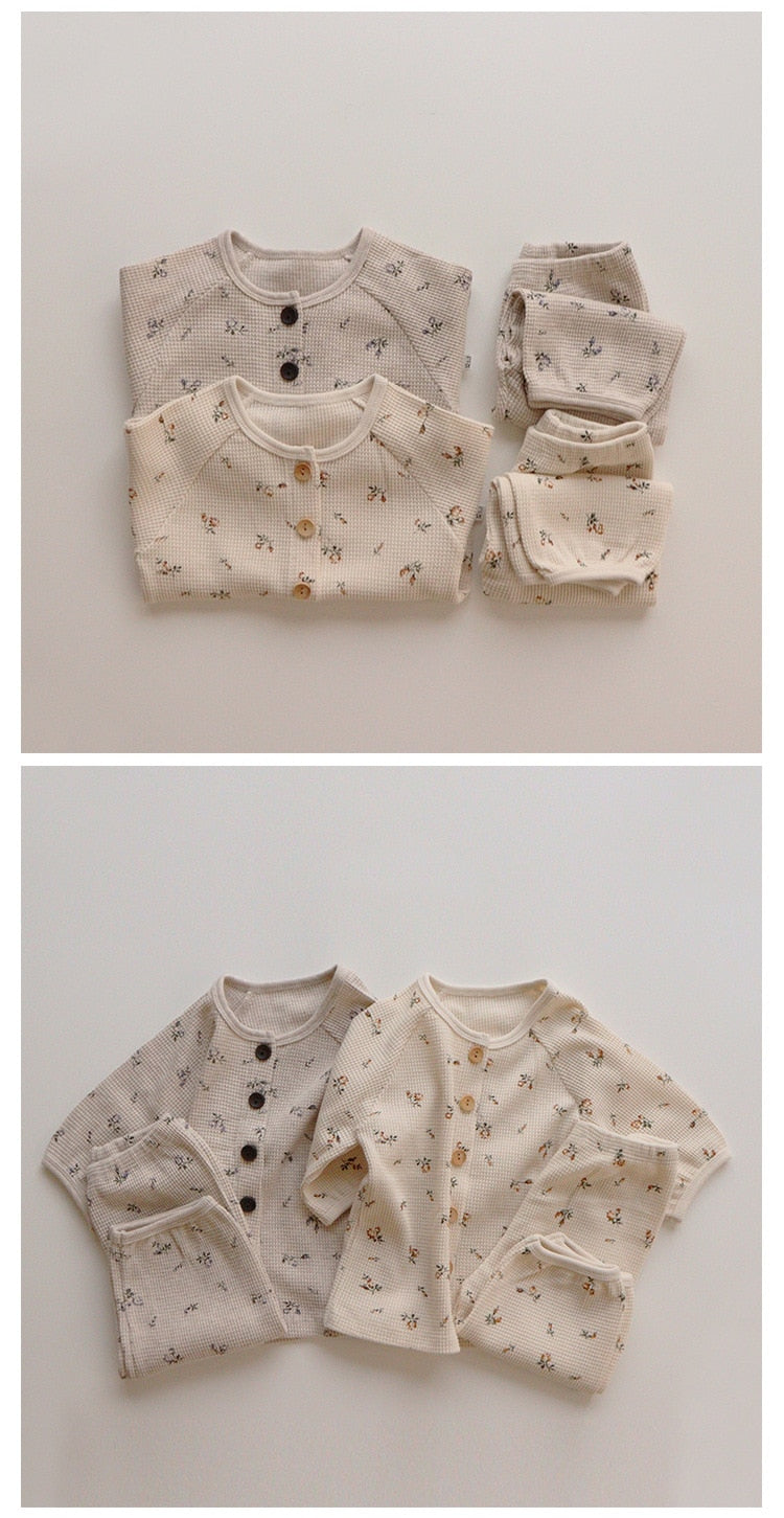 -キッズセットアップ 2点セット フラワー花柄プリント 無地 ワッフル 長袖パジャマセット【mh0000156】 - mamahalo shop - 長袖パジャマ -  べビー服 - 子供服 - 男の子 - 女の子