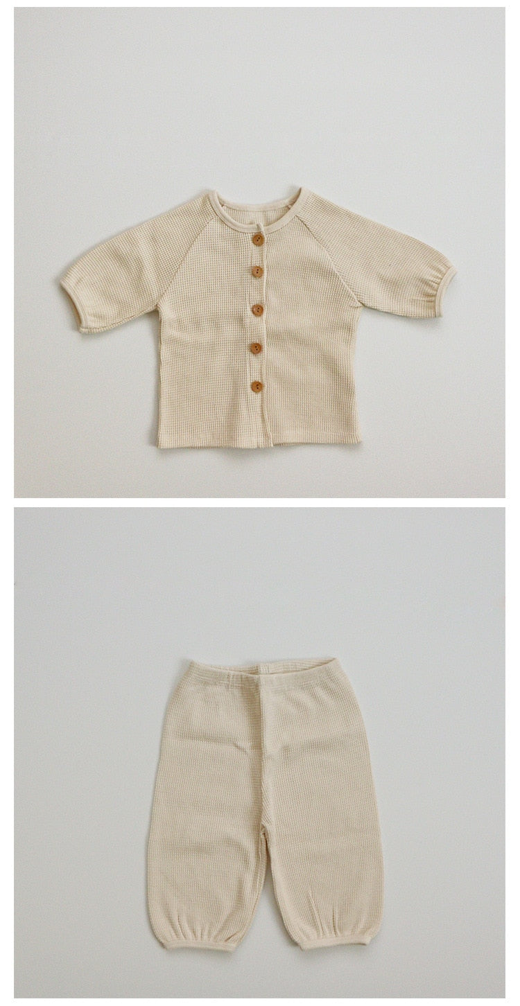 -キッズセットアップ 2点セット フラワー花柄プリント 無地 ワッフル 長袖パジャマセット【mh0000156】 - mamahalo shop - 長袖パジャマ -  べビー服 - 子供服 - 男の子 - 女の子