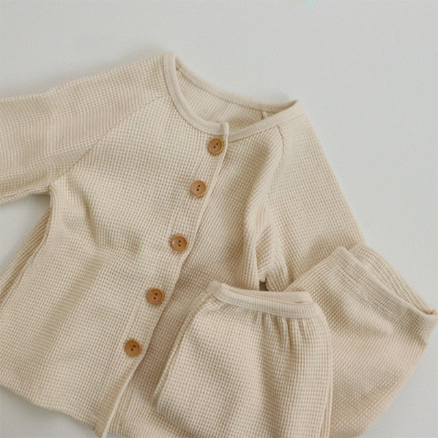 -キッズセットアップ 2点セット フラワー花柄プリント 無地 ワッフル 長袖パジャマセット【mh0000156】 - mamahalo shop - 長袖パジャマ -  べビー服 - 子供服 - 男の子 - 女の子