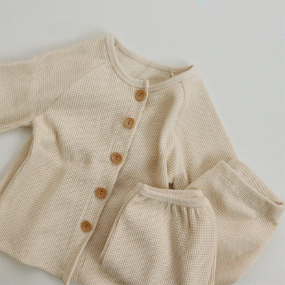 -キッズセットアップ 2点セット フラワー花柄プリント 無地 ワッフル 長袖パジャマセット【mh0000156】 - mamahalo shop - 長袖パジャマ -  べビー服 - 子供服 - 男の子 - 女の子