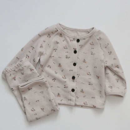 -キッズセットアップ 2点セット フラワー花柄プリント 無地 ワッフル 長袖パジャマセット【mh0000156】 - mamahalo shop - 長袖パジャマ -  べビー服 - 子供服 - 男の子 - 女の子
