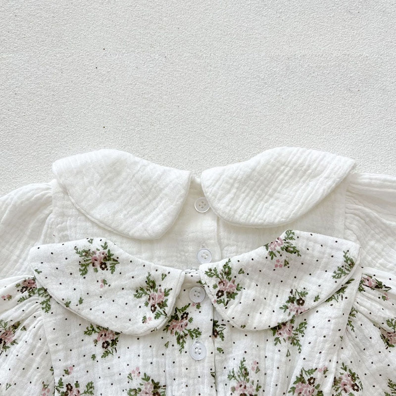 -ベビー フラワー 刺繍 丸襟 ロンパース ヘアバンド セット【mh0000574】 - mamahalo shop - 長袖ロンパース -  べビー服 - 子供服 - 男の子 - 女の子