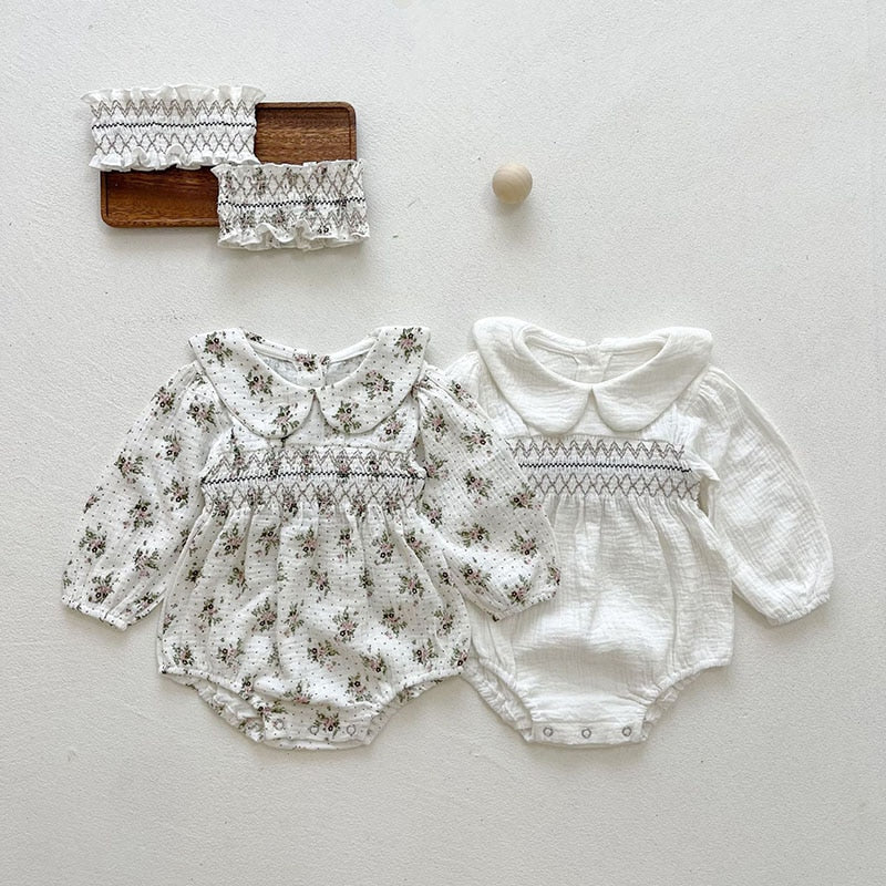 -ベビー フラワー 刺繍 丸襟 ロンパース ヘアバンド セット【mh0000574】 - mamahalo shop - 長袖ロンパース -  べビー服 - 子供服 - 男の子 - 女の子