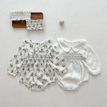 -ベビー フラワー 刺繍 丸襟 ロンパース ヘアバンド セット【mh0000574】 - mamahalo shop - 長袖ロンパース -  べビー服 - 子供服 - 男の子 - 女の子