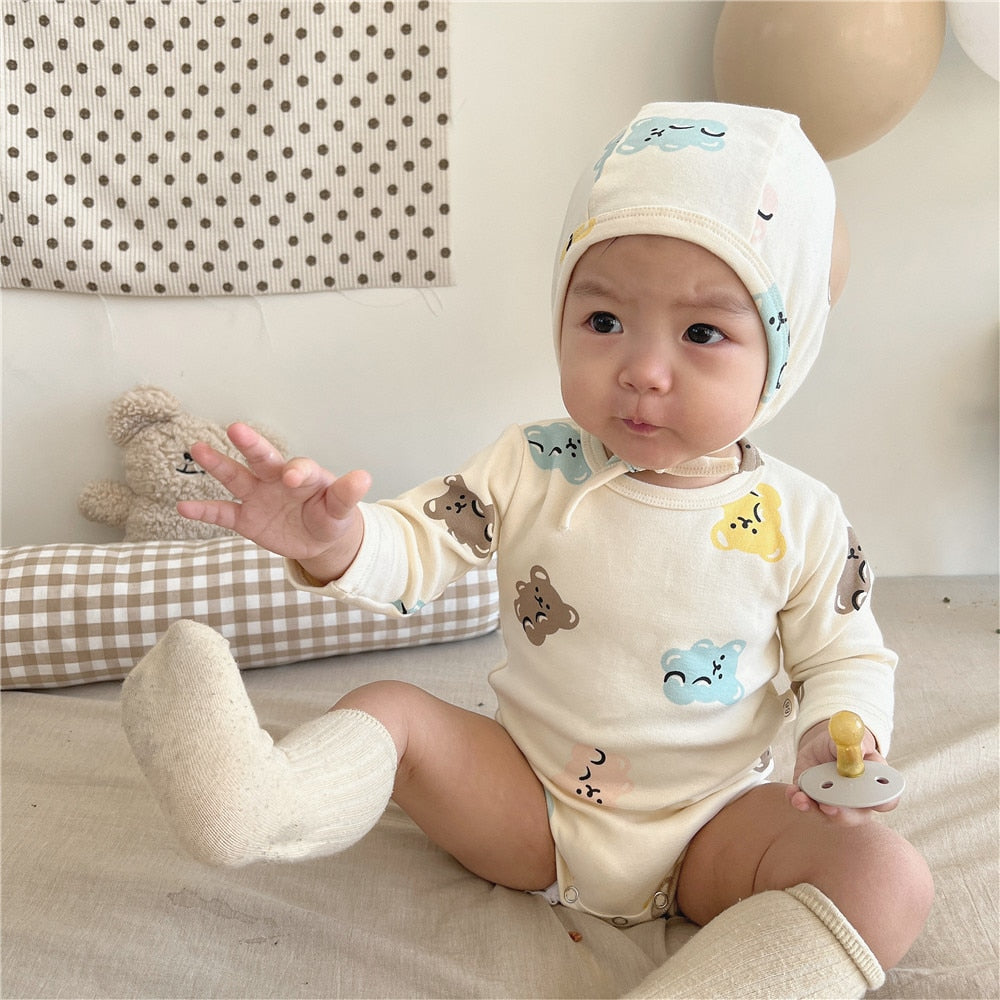 -☺︎ ベビー くま 長袖 パジャマ セット ロンパース 帽子 トップス パンツ - mamahalo shop - 長袖パジャマ -  べビー服 - 子供服 - 男の子 - 女の子