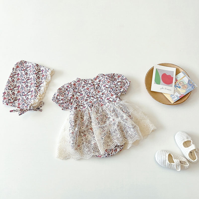 -ベビー フラワー レース 半袖 ロンパース 帽子 セット【mh0000605】 - mamahalo shop - 半袖ロンパース -  べビー服 - 子供服 - 男の子 - 女の子