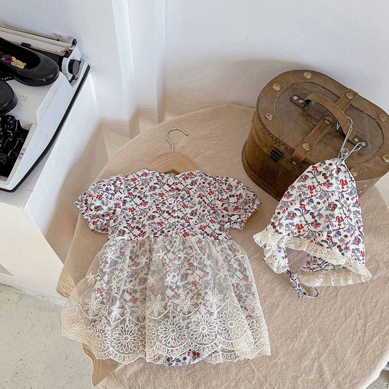 -ベビー フラワー レース 半袖 ロンパース 帽子 セット【mh0000605】 - mamahalo shop - 半袖ロンパース -  べビー服 - 子供服 - 男の子 - 女の子