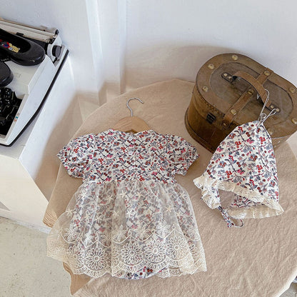 -ベビー フラワー レース 半袖 ロンパース 帽子 セット【mh0000605】 - mamahalo shop - 半袖ロンパース -  べビー服 - 子供服 - 男の子 - 女の子