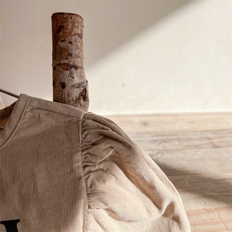 -キッズ コーデュロイ レター ロゴ パフスリーブ 長袖ブラウス トップス - mamahalo shop - 長袖シャツ・ブラウス -  べビー服 - 子供服 - 男の子 - 女の子