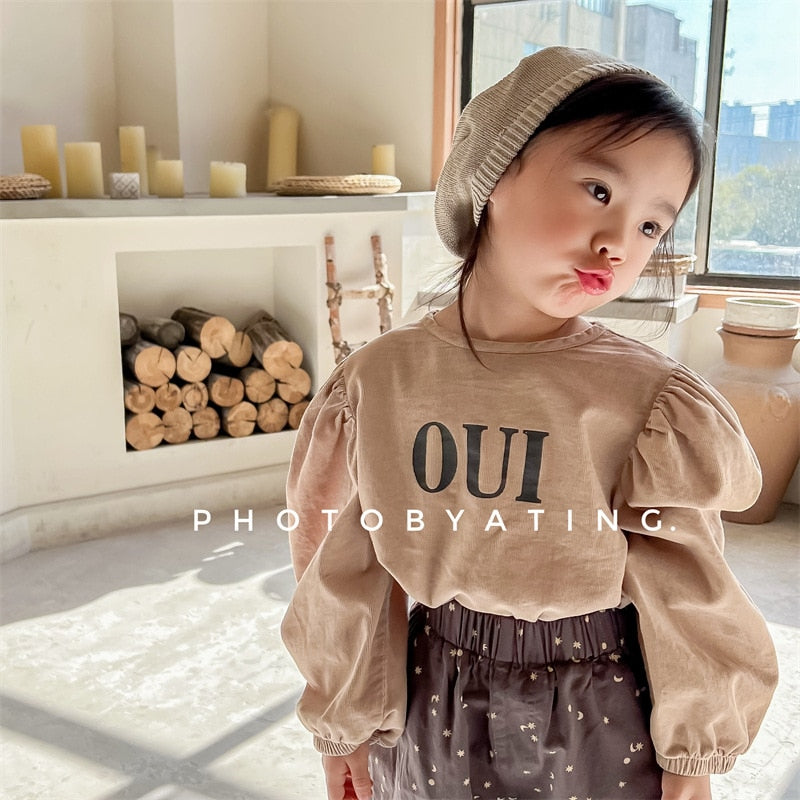 -キッズ コーデュロイ レター ロゴ パフスリーブ 長袖ブラウス トップス - mamahalo shop - 長袖シャツ・ブラウス -  べビー服 - 子供服 - 男の子 - 女の子