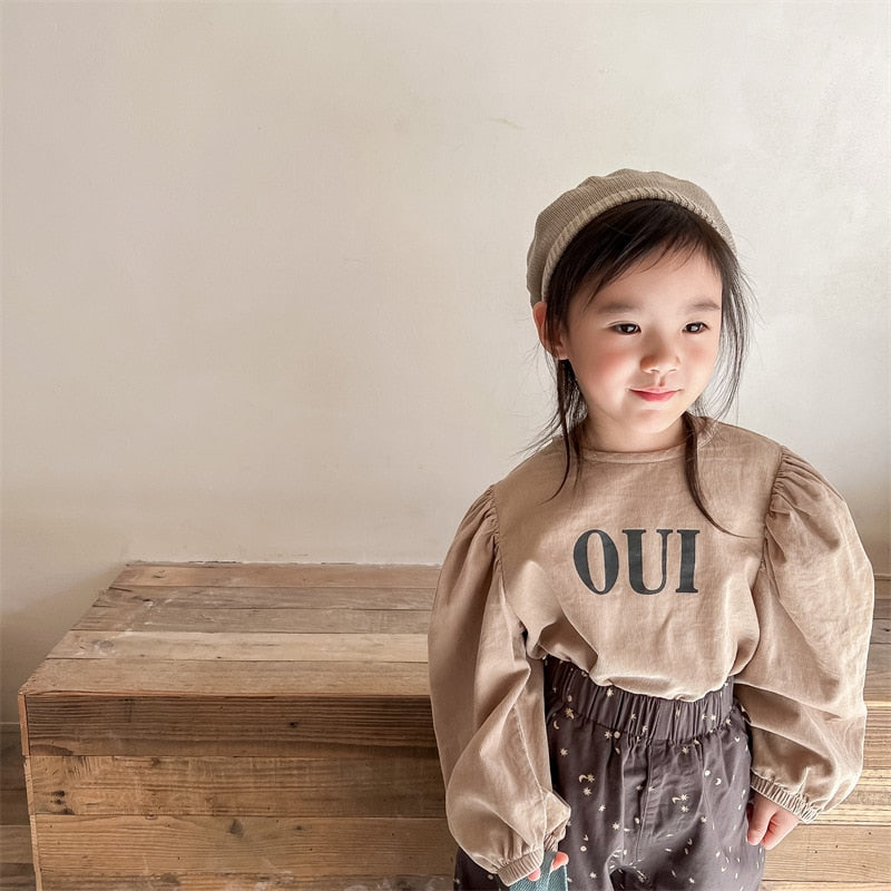 -キッズ コーデュロイ レター ロゴ パフスリーブ 長袖ブラウス トップス - mamahalo shop - 長袖シャツ・ブラウス -  べビー服 - 子供服 - 男の子 - 女の子