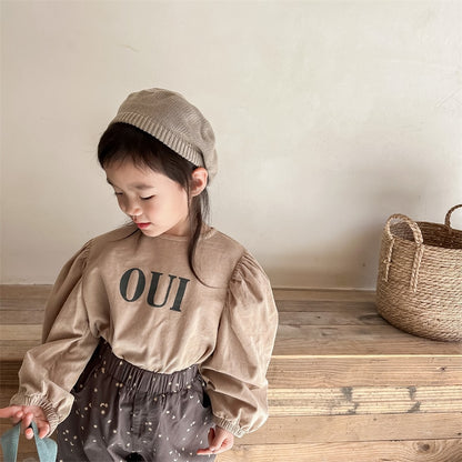 -キッズ コーデュロイ レター ロゴ パフスリーブ 長袖ブラウス トップス - mamahalo shop - 長袖シャツ・ブラウス -  べビー服 - 子供服 - 男の子 - 女の子