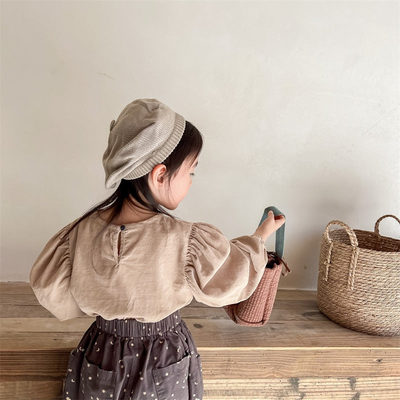 -キッズ コーデュロイ レター ロゴ パフスリーブ 長袖ブラウス トップス - mamahalo shop - 長袖シャツ・ブラウス -  べビー服 - 子供服 - 男の子 - 女の子