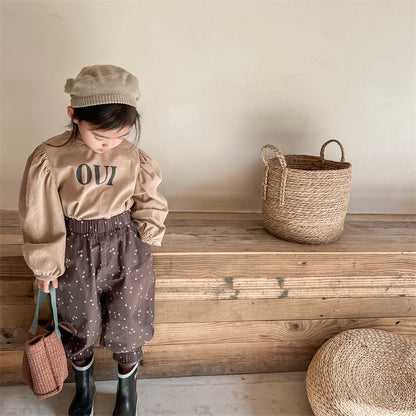 -キッズ コーデュロイ レター ロゴ パフスリーブ 長袖ブラウス トップス - mamahalo shop - 長袖シャツ・ブラウス -  べビー服 - 子供服 - 男の子 - 女の子