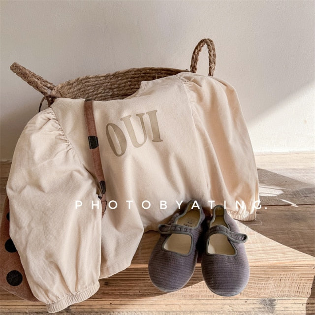 -キッズ コーデュロイ レター ロゴ パフスリーブ 長袖ブラウス トップス - mamahalo shop - 長袖シャツ・ブラウス -  べビー服 - 子供服 - 男の子 - 女の子