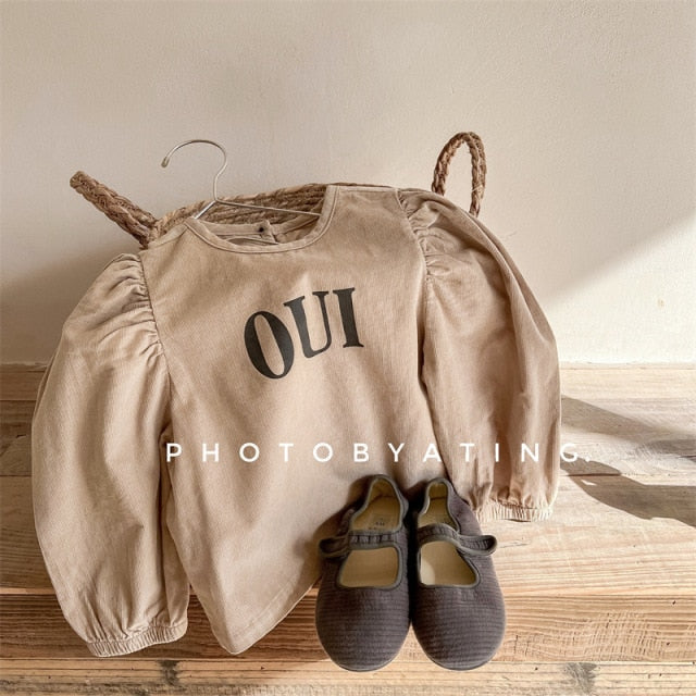 -キッズ コーデュロイ レター ロゴ パフスリーブ 長袖ブラウス トップス - mamahalo shop - 長袖シャツ・ブラウス -  べビー服 - 子供服 - 男の子 - 女の子