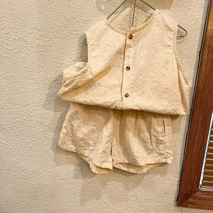 ノースリーブセットアップ Beige / 12M 80cm キッズ セットアップ ノースリーブ シャツ トップス ルーズ ショートパンツ【mh0001653】