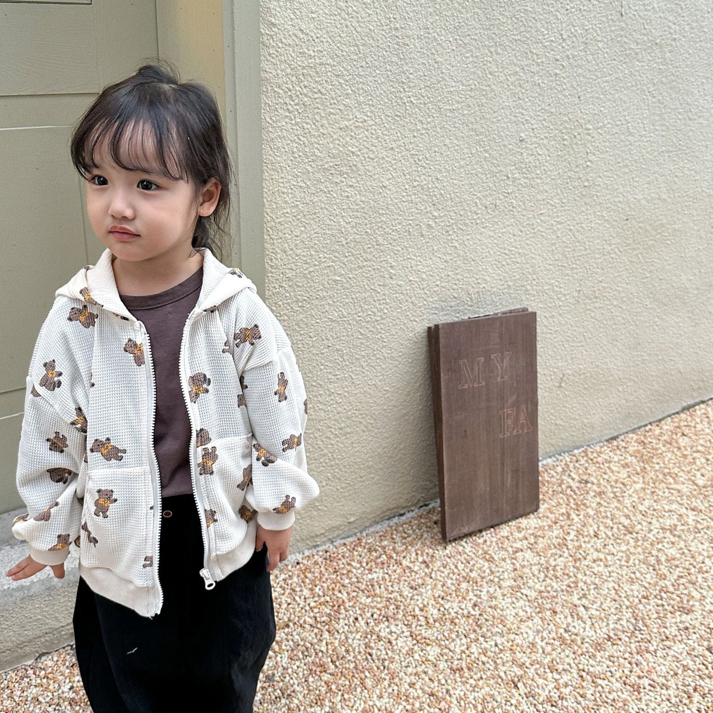 カーディガン・パーカー Beige / 18M 80cm キッズ ワッフル くま ベア フーディ パーカー【mh0001204】