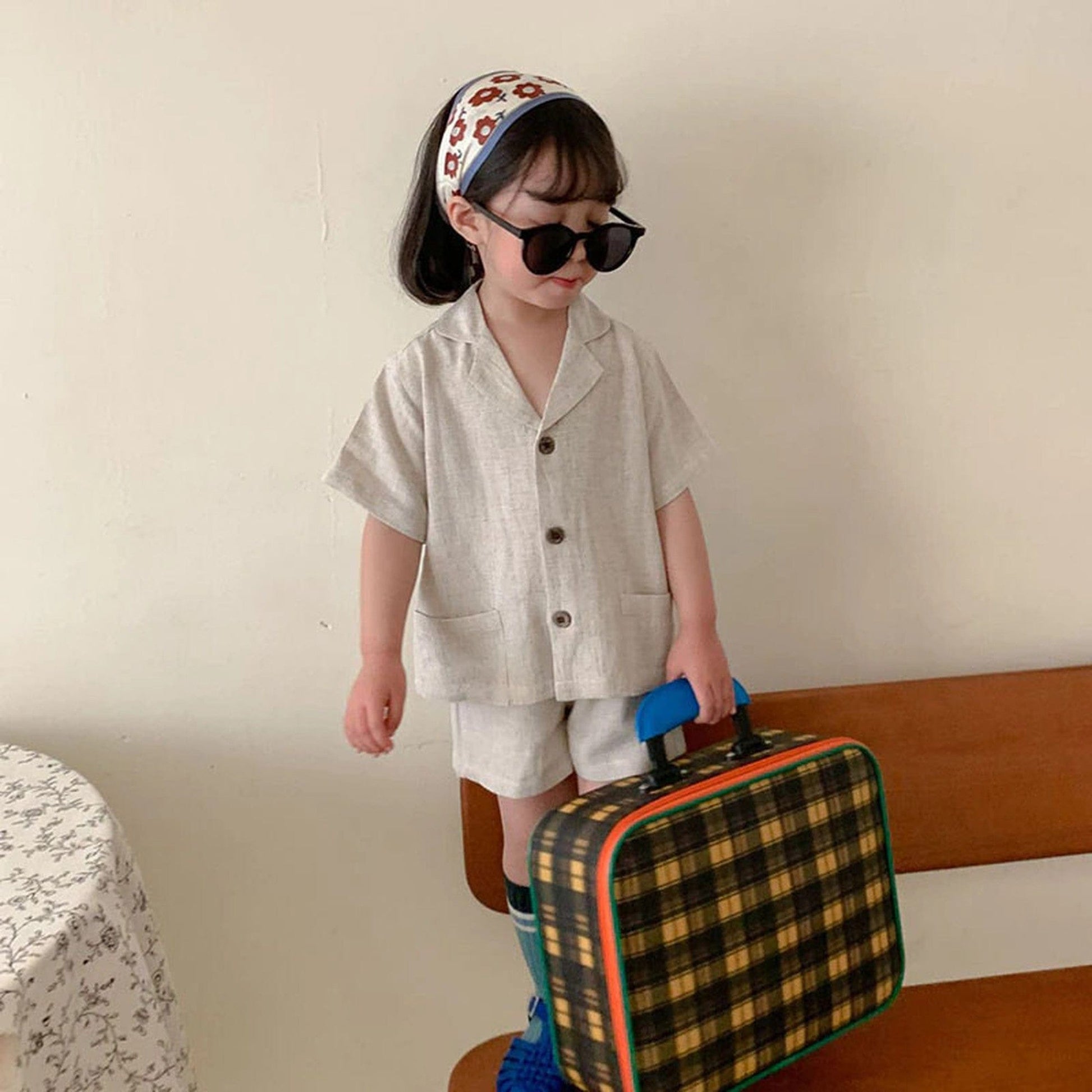 半袖セットアップ Beige / 80cm キッズ セットアップ 半袖シャツ ショートパンツ ベージュ/コーヒー/2カラー【mh0000554】