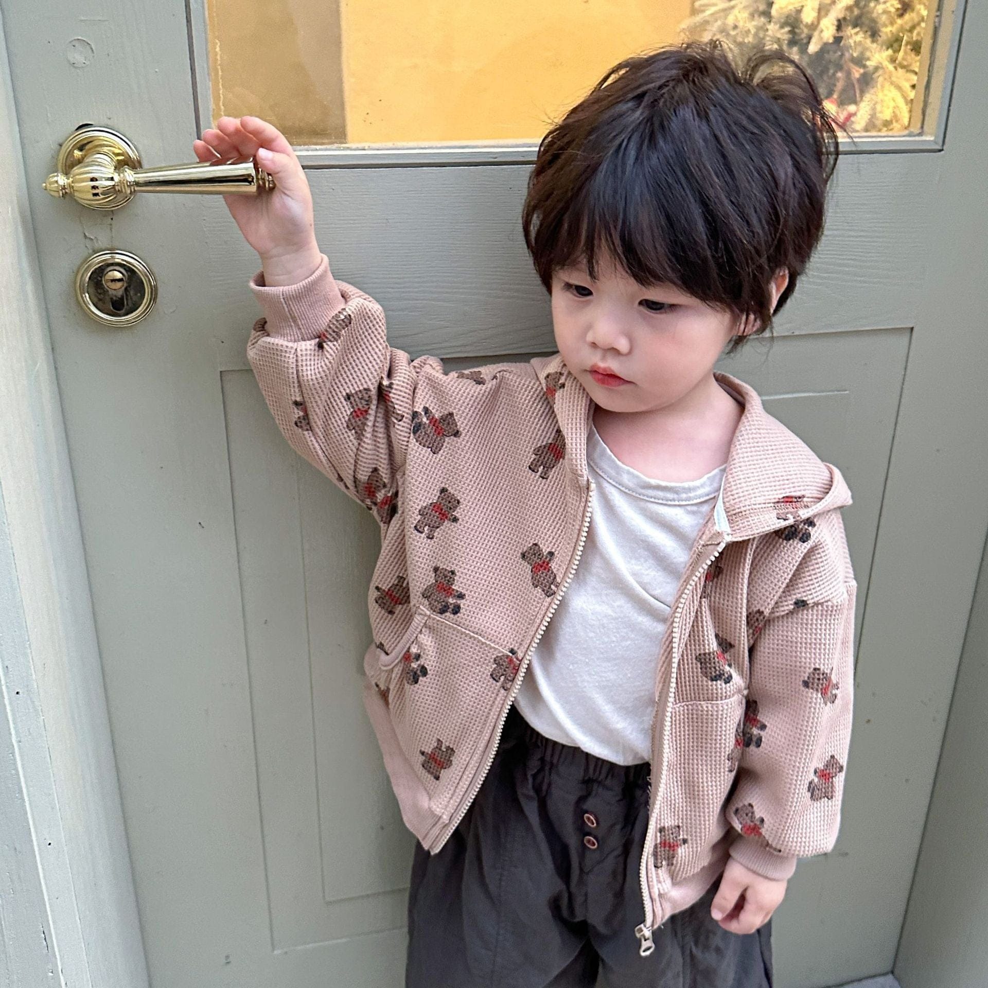 カーディガン・パーカー Light Coffee / 18M 80cm キッズ ワッフル くま ベア フーディ パーカー【mh0001204】