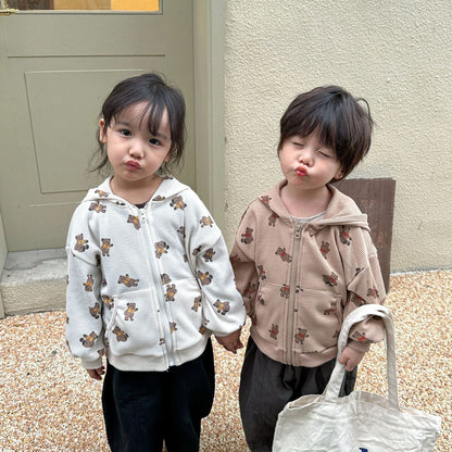 カーディガン・パーカー キッズ ワッフル くま ベア フーディ パーカー【mh0001204】