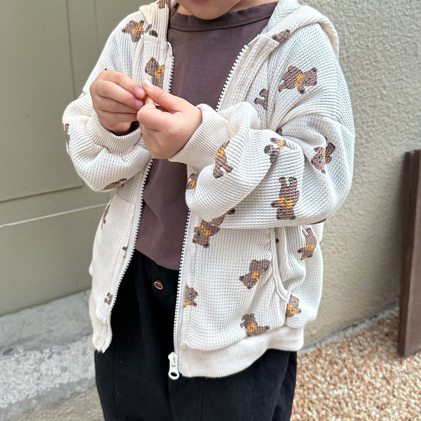 カーディガン・パーカー キッズ ワッフル くま ベア フーディ パーカー【mh0001204】