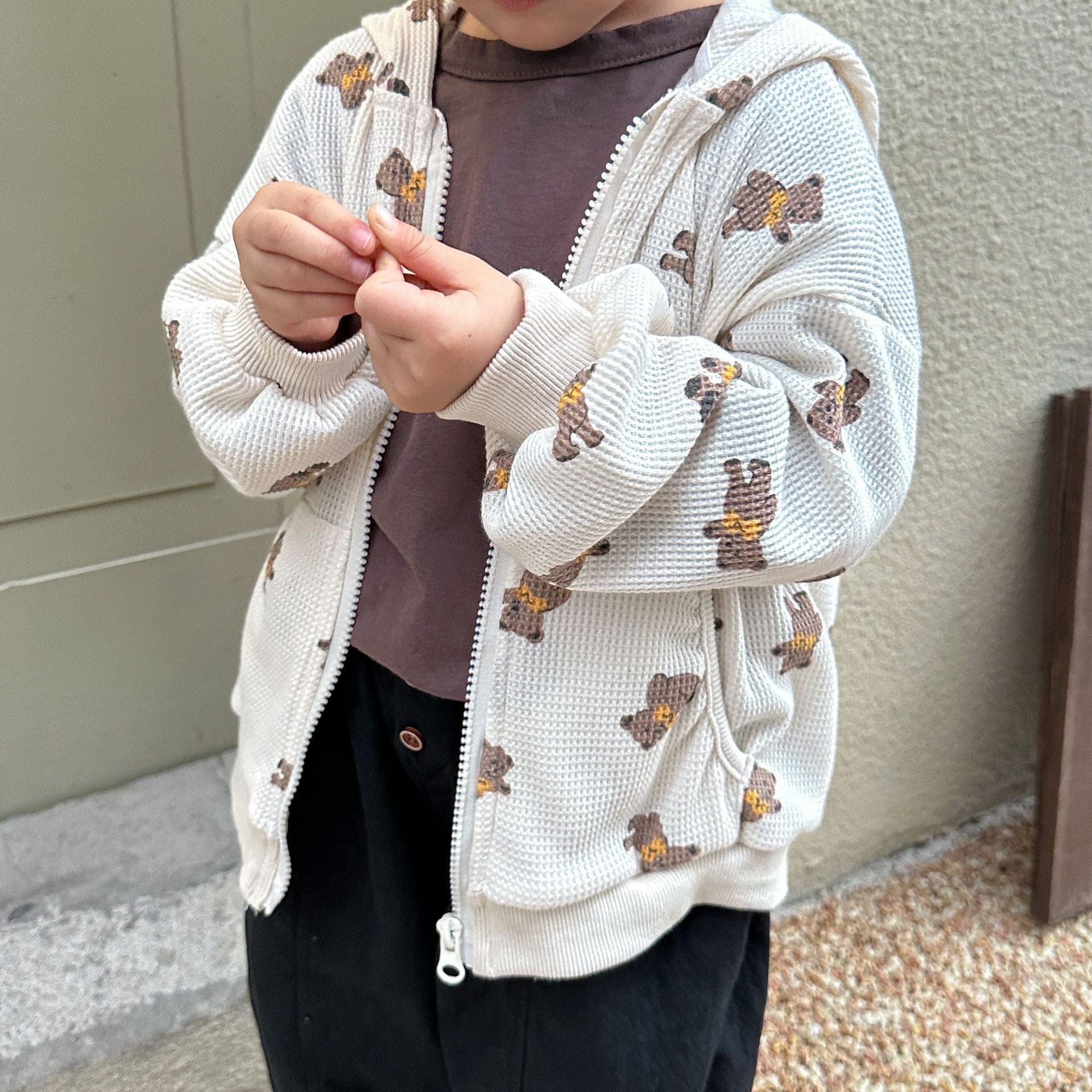 カーディガン・パーカー キッズ ワッフル くま ベア フーディ パーカー【mh0001204】