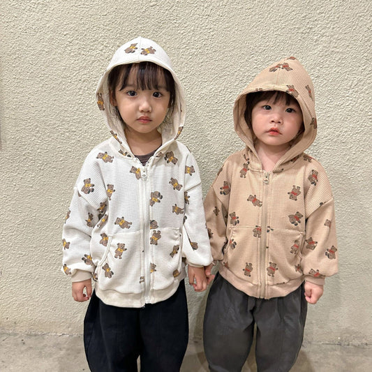 カーディガン・パーカー キッズ ワッフル くま ベア フーディ パーカー【mh0001204】