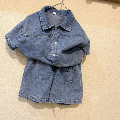 半袖ワンピース キッズ デニム セットアップ 半袖 シャツ パンツ ワンピース リンク 兄弟 姉妹 お揃い コーデ【mh0001686】