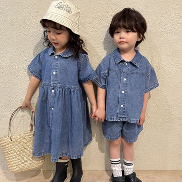 半袖ワンピース キッズ デニム セットアップ 半袖 シャツ パンツ ワンピース リンク 兄弟 姉妹 お揃い コーデ【mh0001686】