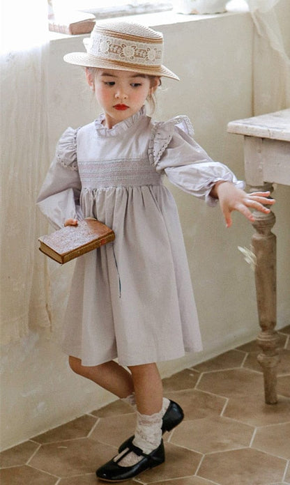 長袖ワンピース Gray / 24M 90cm キッズ フラワー ショルダー ラッフルフリル シャーリング 長袖 ワンピース【mh0001534】