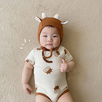 半袖ロンパース ベビー 牛 COW 半袖ロンパース 帽子セット【mh0000042】