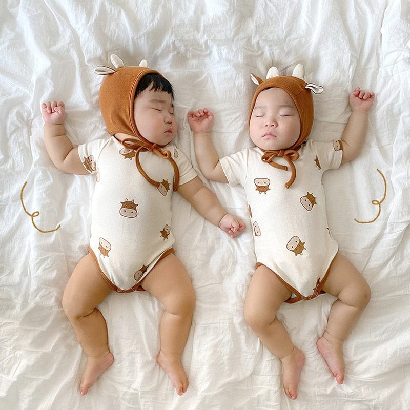 半袖ロンパース ベビー 牛 COW 半袖ロンパース 帽子セット【mh0000042】