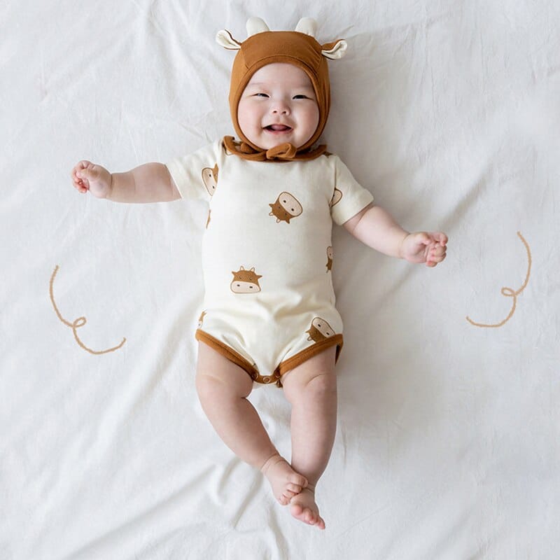 半袖ロンパース ベビー 牛 COW 半袖ロンパース 帽子セット【mh0000042】