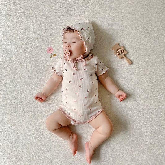 半袖ロンパース Floral / 6M 66cm ベビー フラワー ロンパース 帽子 セット【mh0000559】