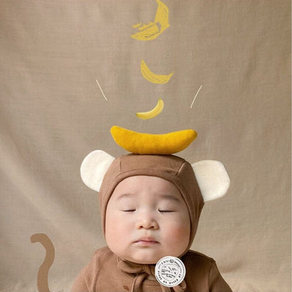 長袖ロンパース ベビー モンキー ロンパース バナナ 耳帽子 セット コスチューム【mh0001338】