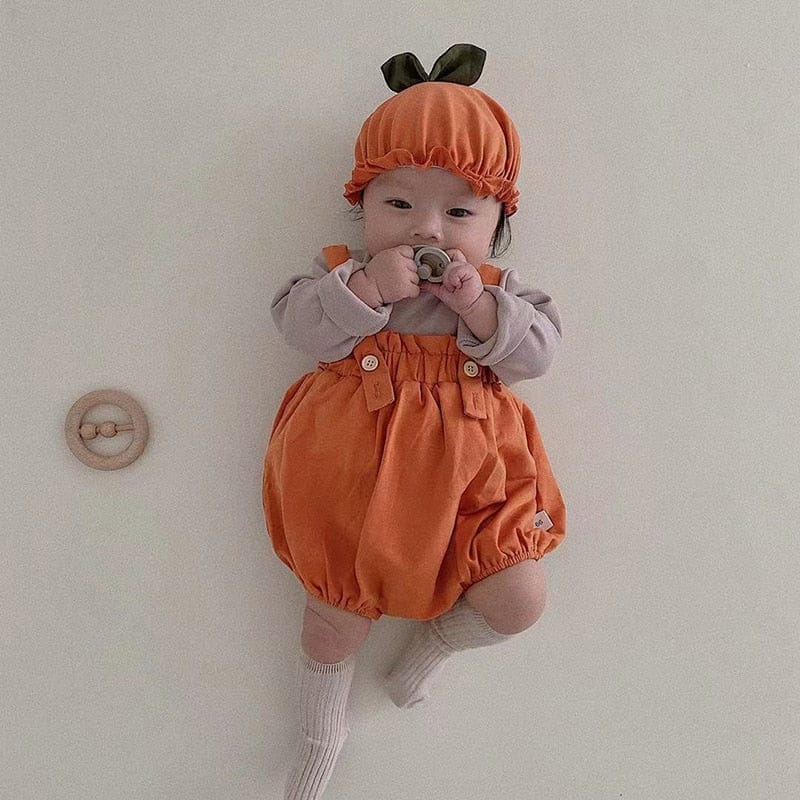ノースリーブロンパース ベビー ハロウィーン ハロウィン パンプキン コスチューム サスペンダー ロンパース 帽子 セット ユニセックス【mh0002385】