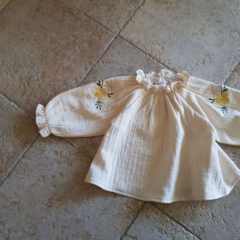 長袖シャツ・ブラウス Beige / 9M 73cm ベビー チェック 無地 フラワー 刺繍 パフスリーブ 長袖 スモック ブラウス トップス【mh0001156】