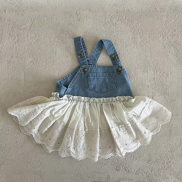 ノースリーブワンピース Denim Blue / 9M/73cm ベビー デニム レース ドッキング サスペンダー ワンピース ガールズ【mh0001993】